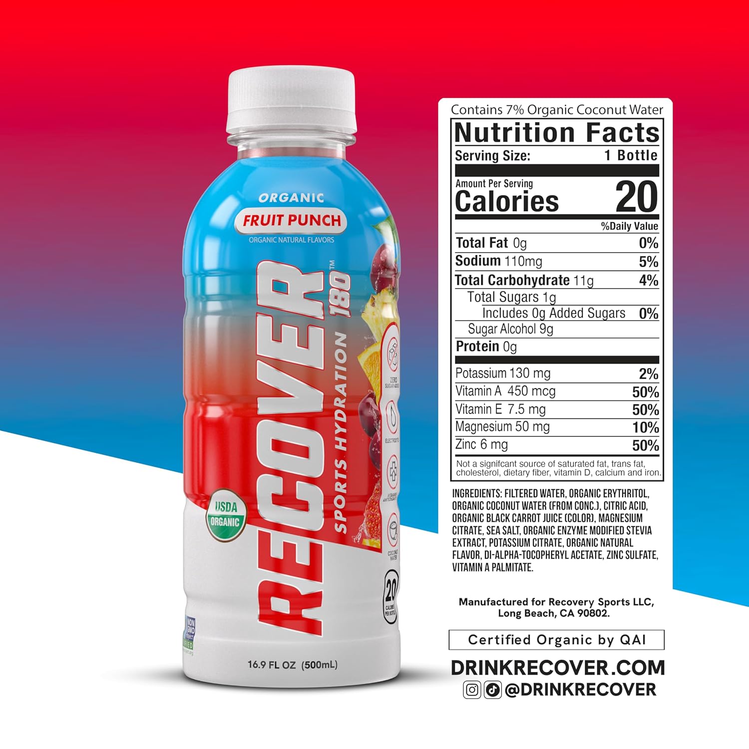 RECOVER 180 Organic Sports Hydration Drink, No Sugar Added, 20 Calorie Sports Beverage, Organic Flavors With Vitamins, Potassium-Packed Electrolytes (16.9 Fl Oz (Pack of 12), Variety Pack)