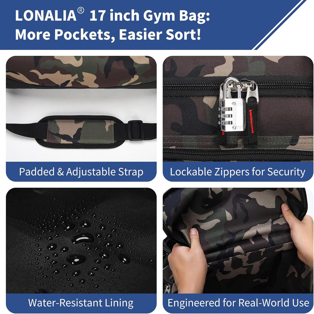 30L Gym Sport Duffle Bag, 17 inch, Camo