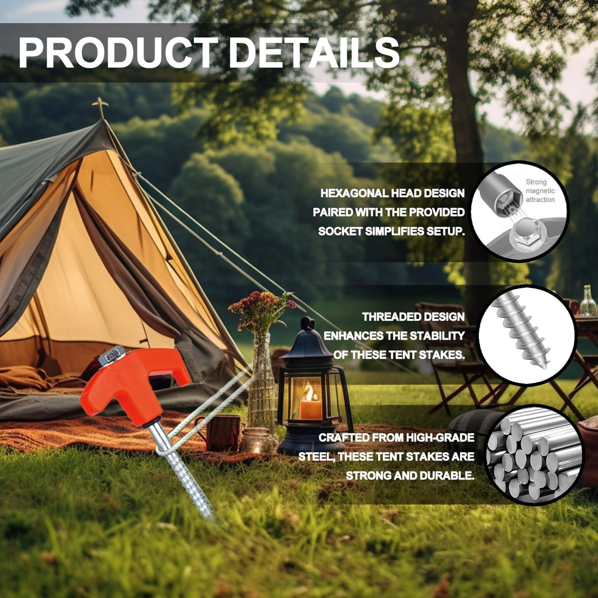 12 Pack Screw in Tent Stakes Heavy Duty,8 Inch Ground Anchors Screw in,Metal Stakes with Hex Head Driver,Camping Tent Accessories.(Orange)