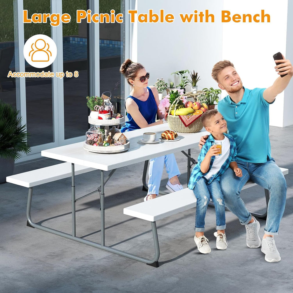 Tangkula 6 Ft Folding Picnic Table, Outdoor 8 Person Large Picnic Table Set with 2 Built-in Benches, Umbrella Hole, Metal Frame & HDPE Tabletop for Garden, Backyard (White)