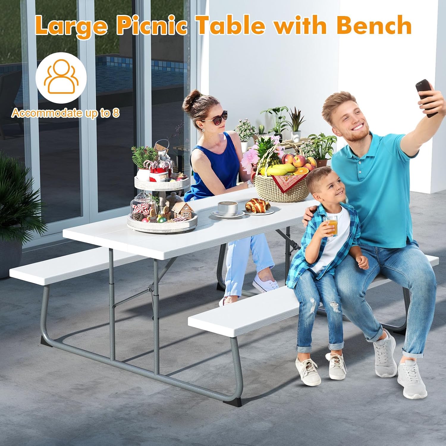 Tangkula 6 Ft Folding Picnic Table, Outdoor 8 Person Large Picnic Table Set with 2 Built-in Benches, Umbrella Hole, Metal Frame & HDPE Tabletop for Garden, Backyard (White)