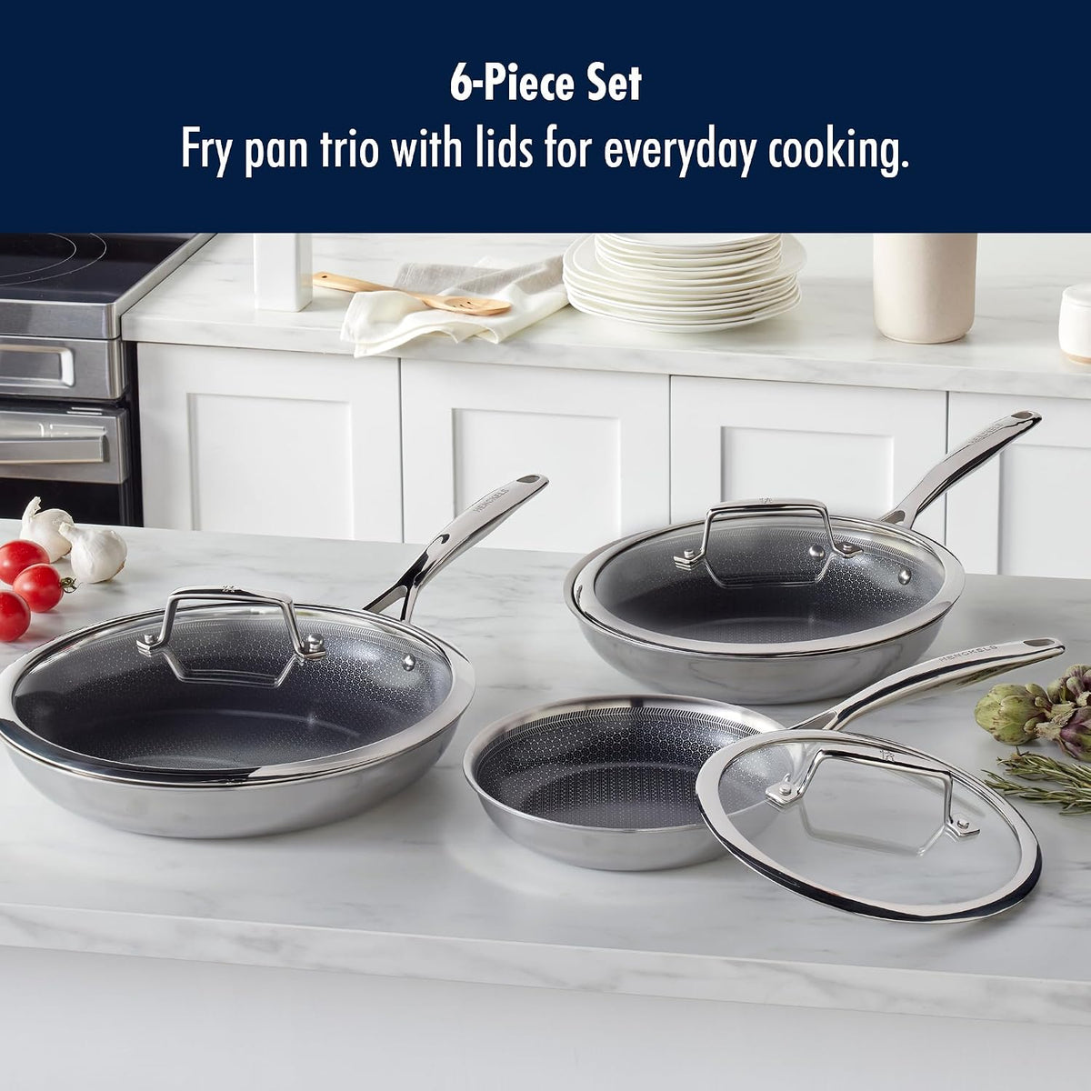 HENCKELS Paradigm Stainless Steel 6 Pc Fry Pan Set, Tri-Ply Ceramic Nonstick Fry Pan Set, Non Toxic Induction Fry Pan, Metal-Utensil & Dishwasher Safe