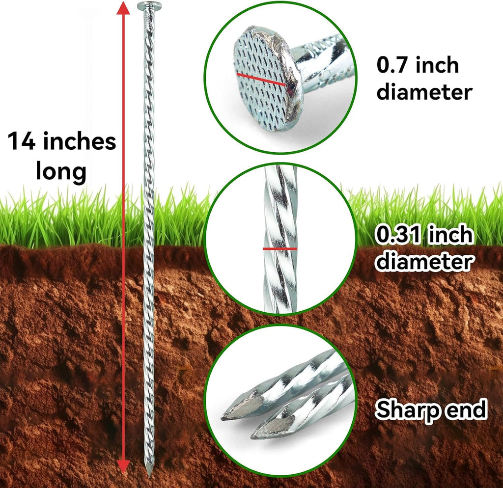 Extra-Long 14 Inch Spiral Landscape Stakes - Heavy Duty Solid Metal Spikes for Paver Edging, Weed Barrier, Trap, Tent and More (8 Pcs)