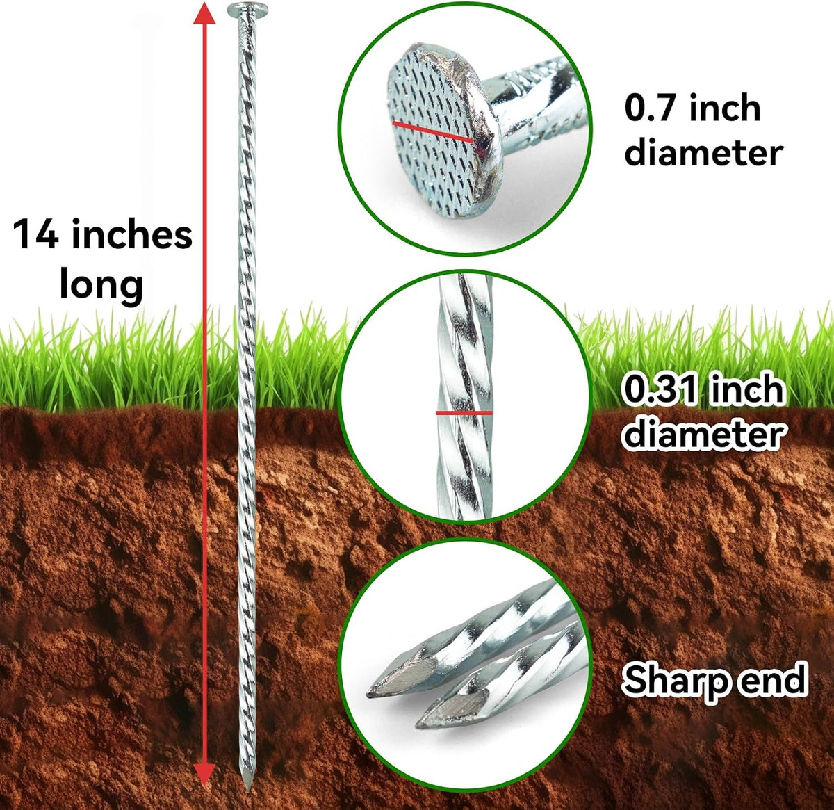 Extra-Long 14 Inch Spiral Landscape Stakes - Heavy Duty Solid Metal Spikes for Paver Edging, Weed Barrier, Trap, Tent and More (8 Pcs)