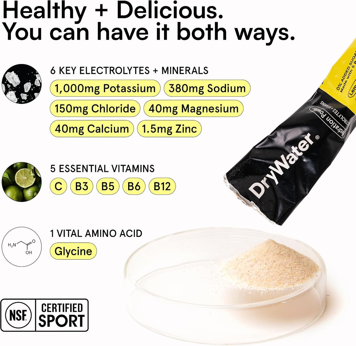DryWater Electrolytes + Vitamins Hydration Packets, Lemon Lime 12 Pack