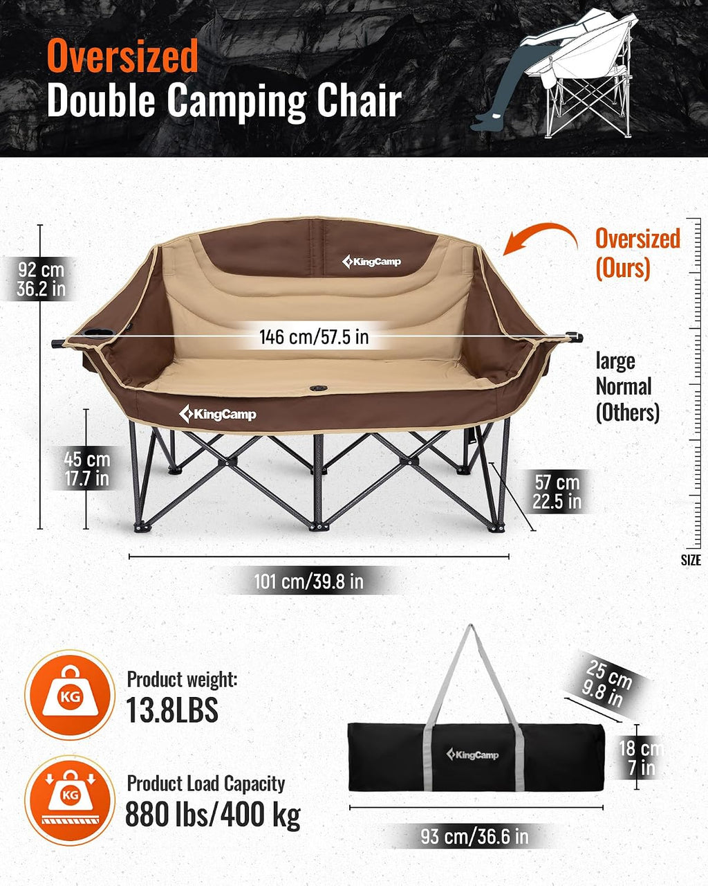 KingCamp Double Camping Chair, Oversized 880lbs Heavy Duty Loveseat XL