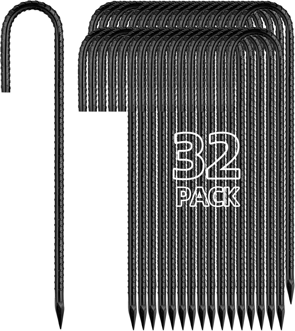 Besitu 12 Inch Rebar Stakes J Hook Ground Stakes 32-Pack Heavy Duty Galvanized Chain Link Fence Stakes Metal Tent Stakes for Outdoor Lawn Decorations Inflatables Canopy Swing Set