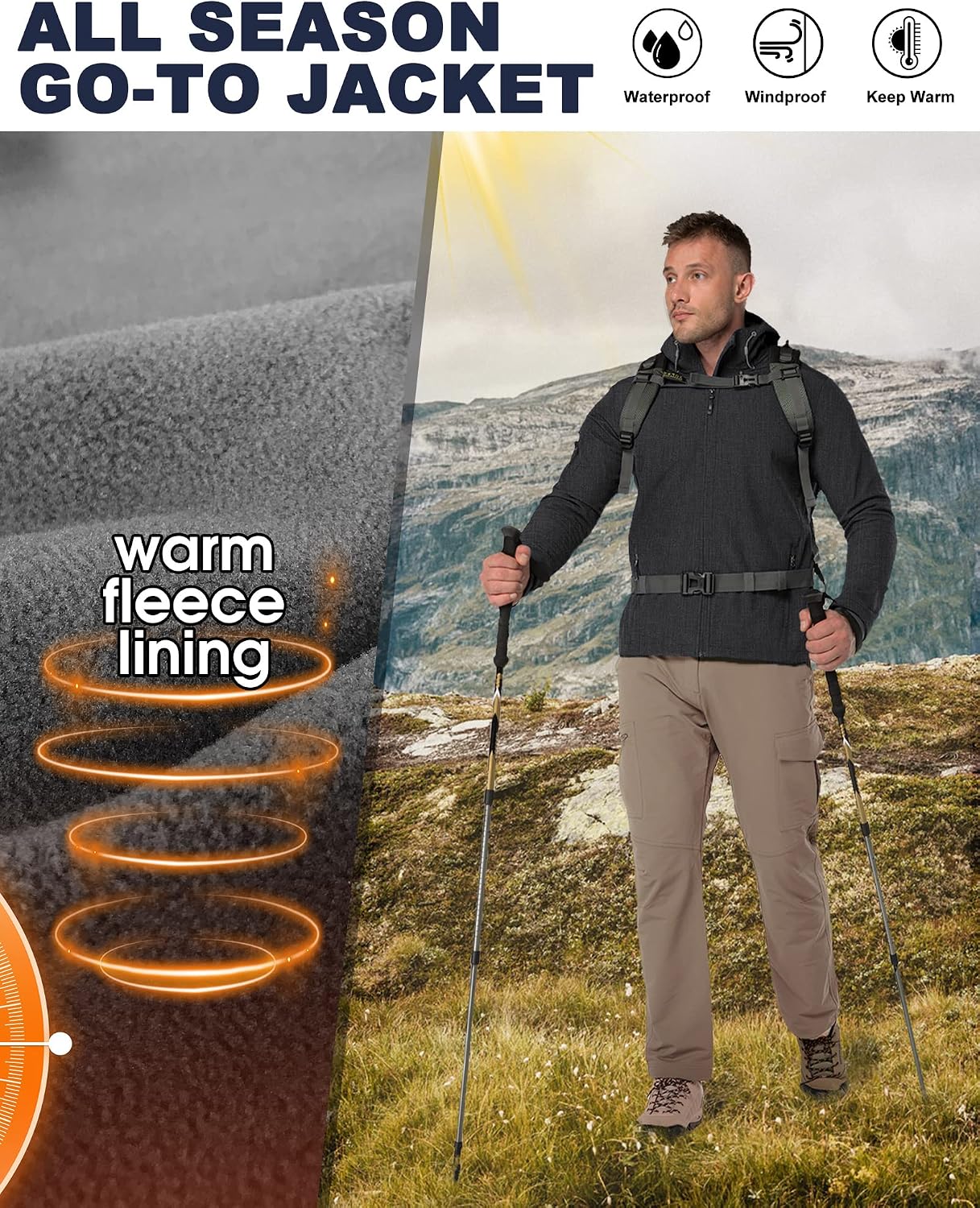 33,000ft Men's Hooded Fleece Lined Rain Shell Jacket Waterproof Lightweight