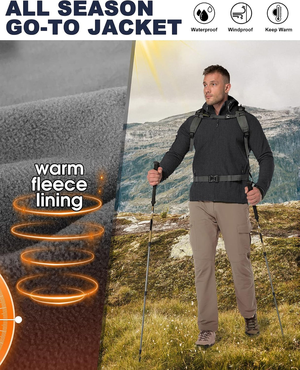 33,000ft Men's Hooded Fleece Lined Rain Shell Jacket Waterproof Lightweight