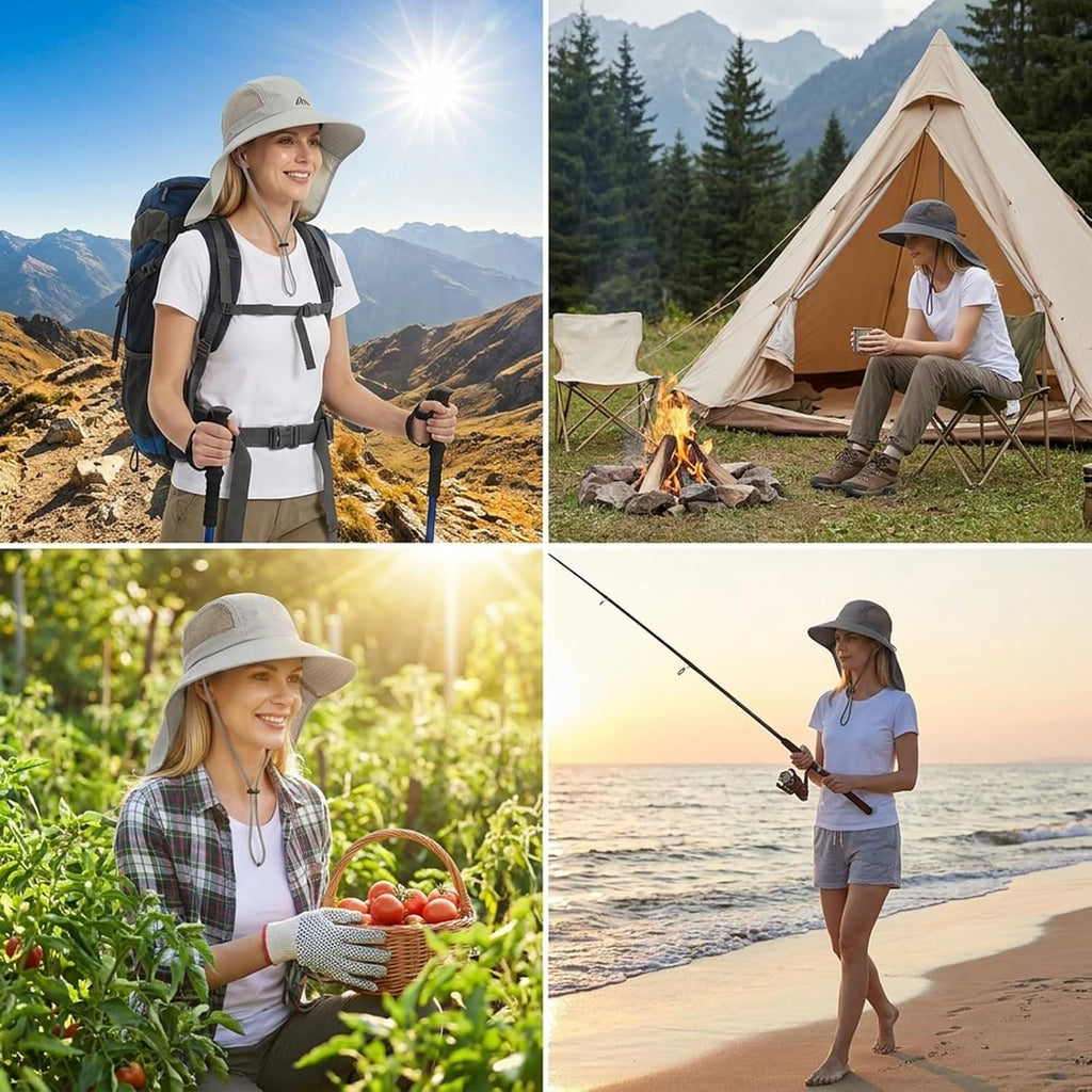 UV Sun Protection Hat Women Foldable Neck Flap Wide Brim Fishing Hat with Ponytail Hole for Women