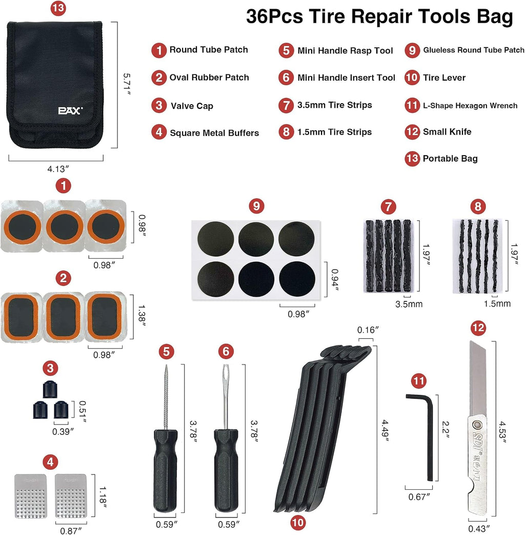 PAX 36Pcs Bike Tire Flat Repair Tool Kit Bag, Including Tube Patches, Tire Strip Plugs, Glueless Repair Kit, Nylon Tire Lever, Handle Tool, Valve Cap, and Metal Buffer, for Road, Mountain Bicycle