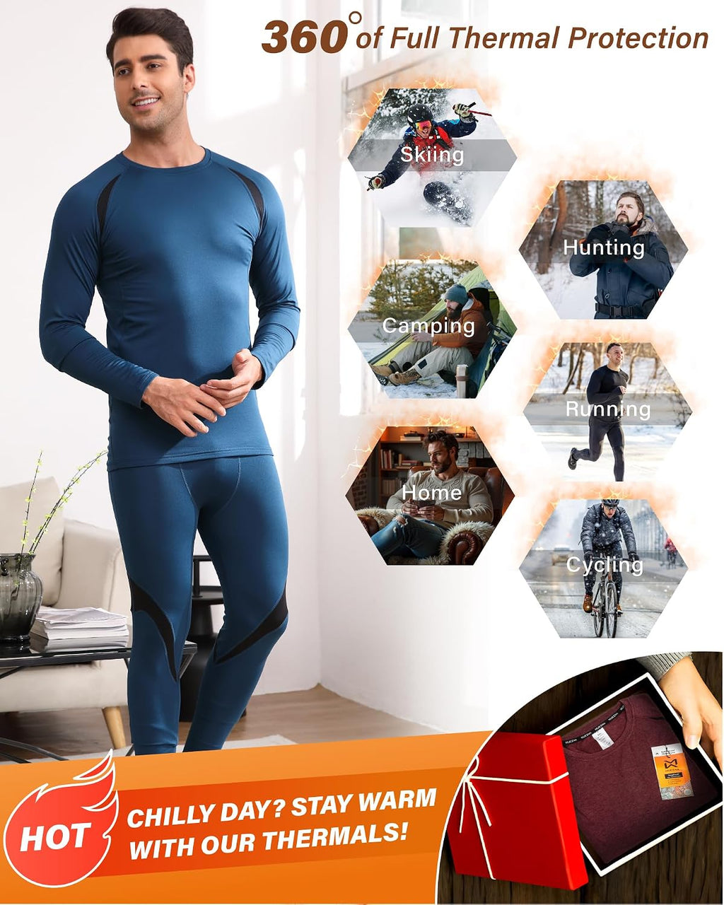 Muezna Men's Thermal Top and Bottom Set Underwear Long Johns Base Layer