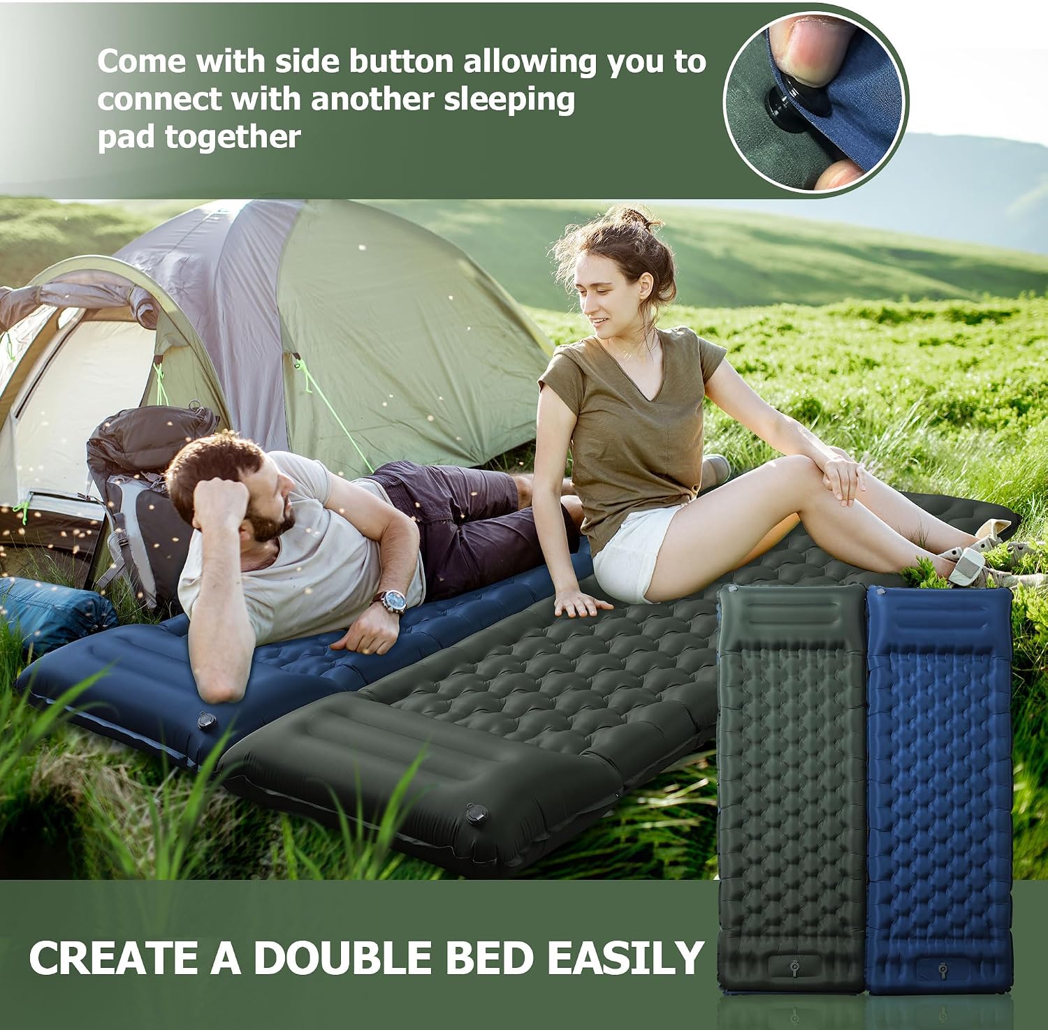 Toncoke Sleeping Pad, 4.7" Extra-Thick & Ultralight Inflatable Camping Mat with Pillow, Built-in Foot Pump, Compact for Backpacking, Camping, Hiking, Travel —Military Green