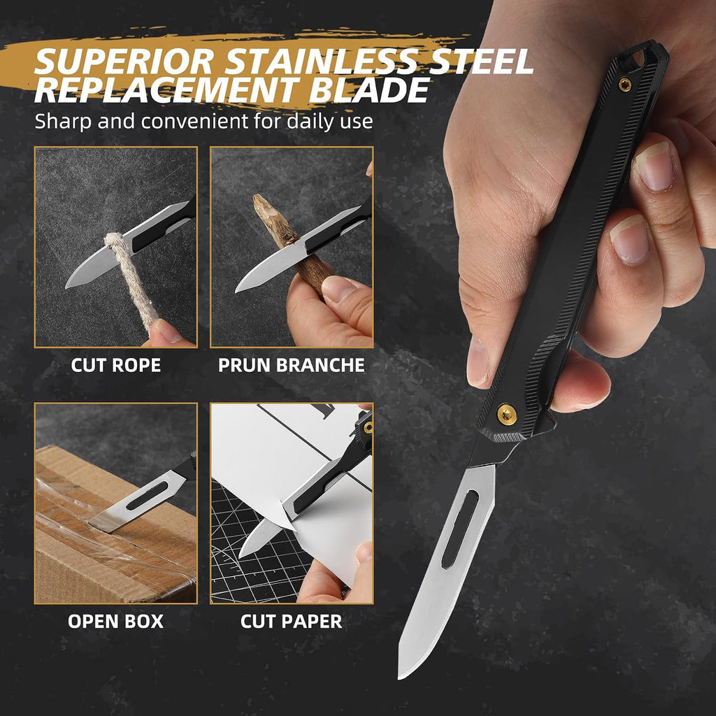 Folding Scalpel Knife, Mini Slim Pocket Knife with 10pcs #60 Scalpels Replaceable Blades, EDC Utility Knife with Liner Lock, Pocket Clip, Ideal Gifts for Men and Women（Black）