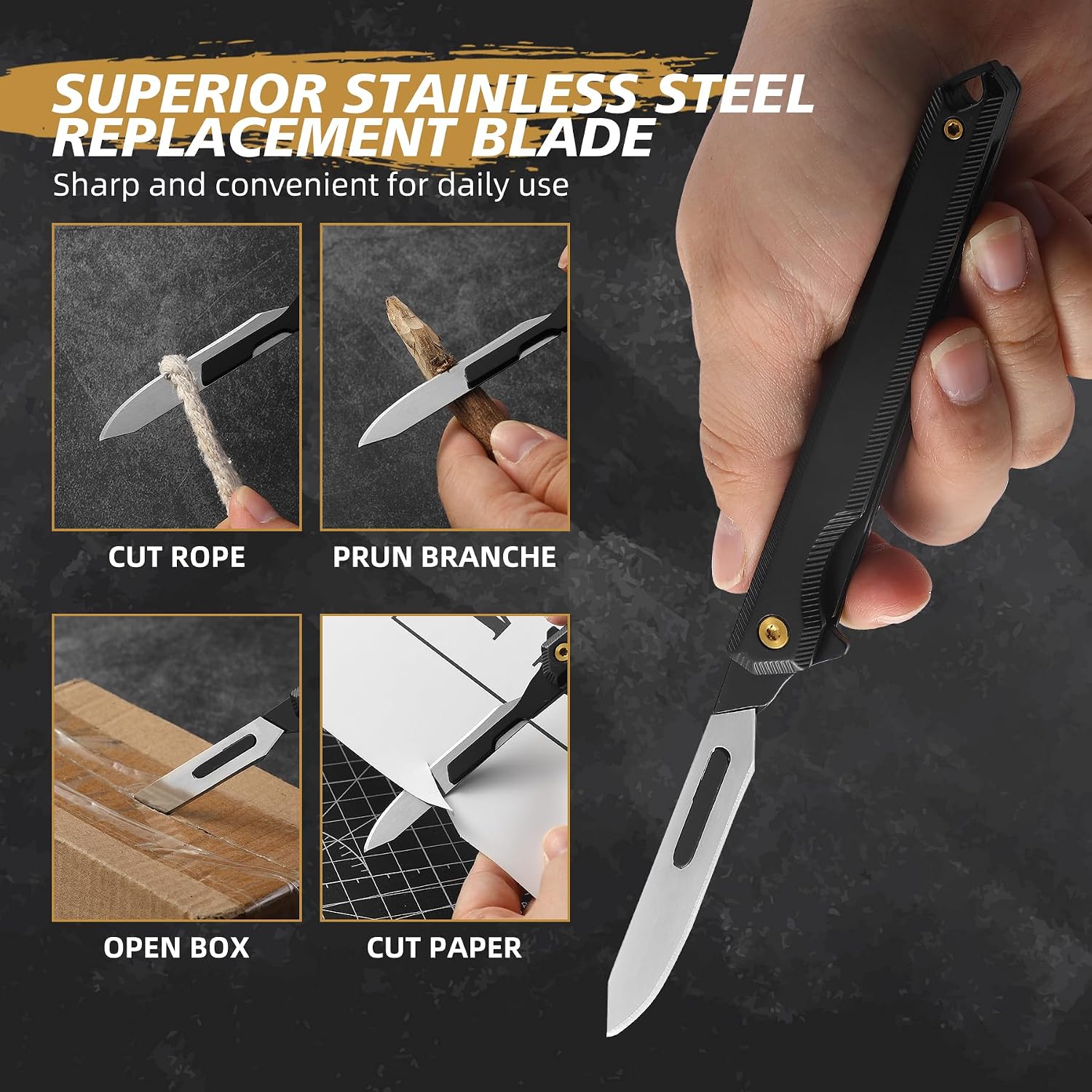 Folding Scalpel Knife, Mini Slim Pocket Knife with 10pcs #60 Scalpels Replaceable Blades, EDC Utility Knife with Liner Lock, Pocket Clip, Ideal Gifts for Men and Women（Black）