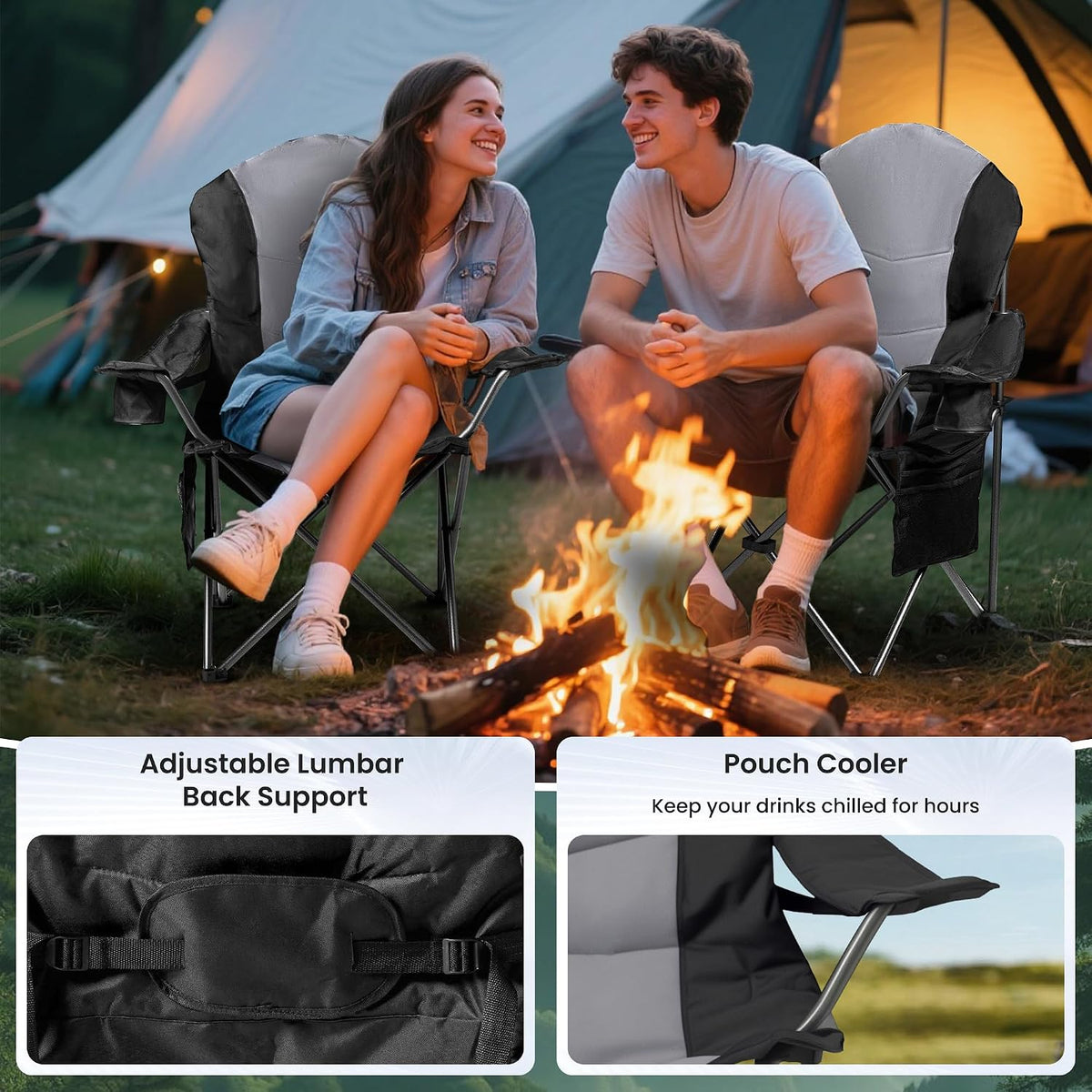 2 Pack Folding Camping Chairs for Adults - High Back Padded Outdoor Lawn Chairs with Lumbar Support & Cup Holder, 400lbs Heavy Duty Portable Camping Chairs Set (Black & Gray, 2 PCS)