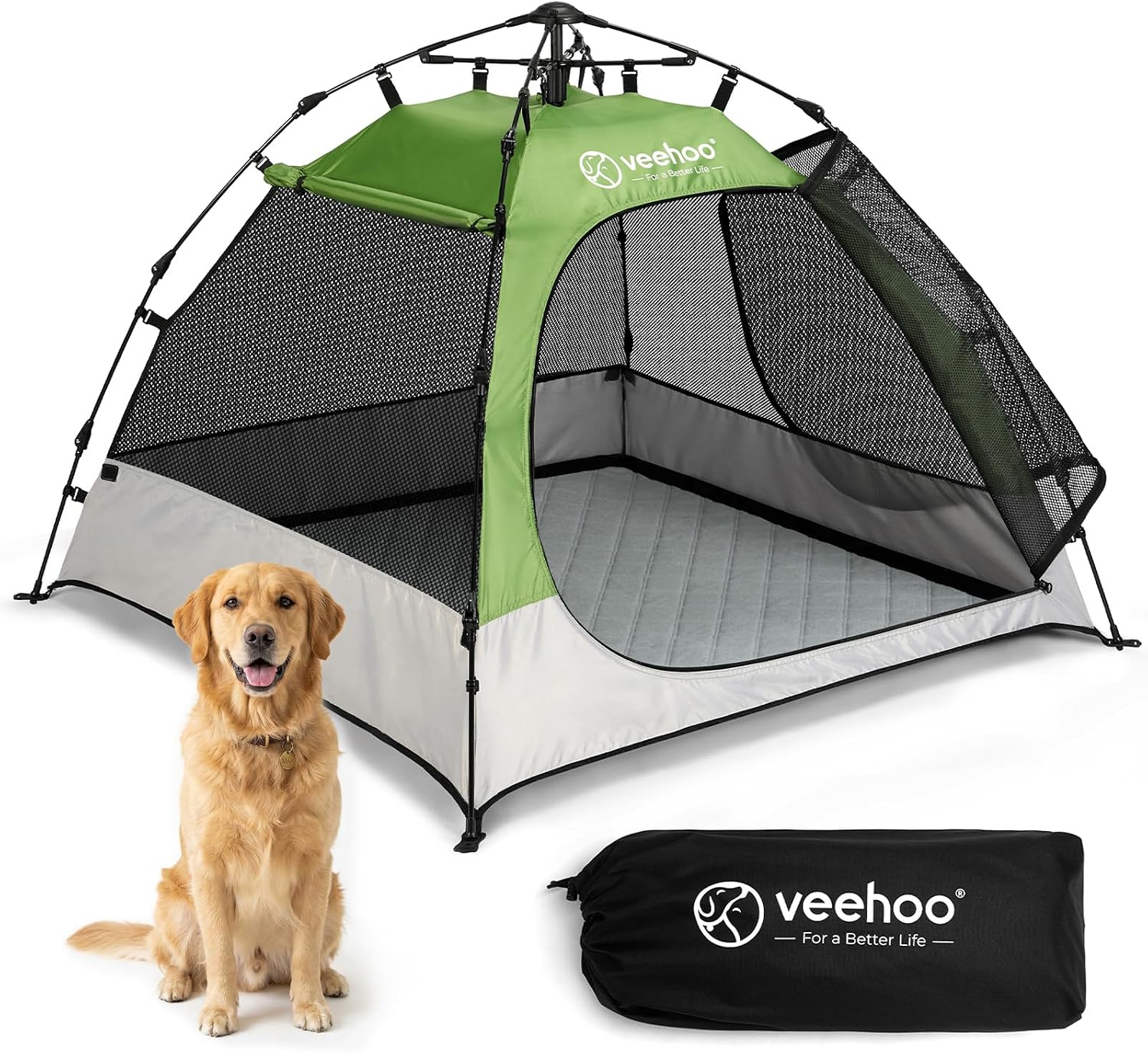 Veehoo Pop Up Dog Tent House for Indoor Outdoor, Portable &amp; Waterproof Dog Canopy Shelter with Cool Mesh, Foldable Automatic Pet Tent for Dogs with Camping Mat and Bag for Large &amp; Extra Large Dogs