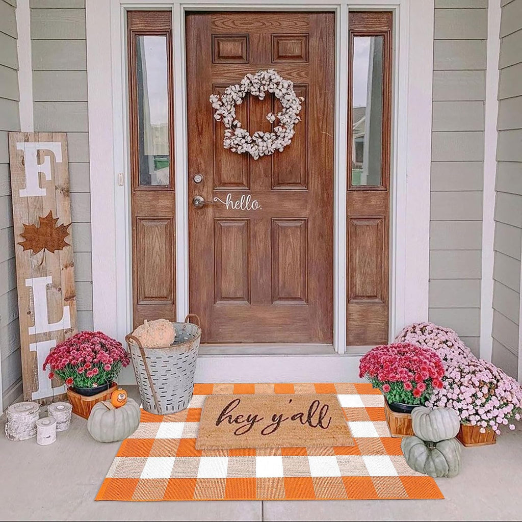 Fall Outdoor Rug Orange Buffalo Plaid Outdoor Rug Cotton Hand-Woven Buffalo Check Rug Layered Doormats for Front Door/Front Porch/Farmhouse/Entryway/Patio(Orange and White Plaid, 27.5'' x 43'')