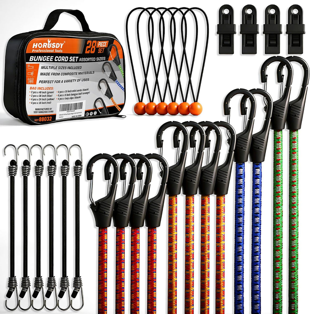 HORUSDY 28-Piece Premium Bungee Cords with Hooks, Includes 10”, 18”, 24”, 36”, 48”, Bungee Cord Assortment (10 to 48 Inch)