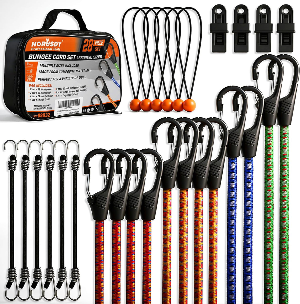 HORUSDY 28-Piece Premium Bungee Cords with Hooks, Includes 10”, 18”, 24”, 36”, 48”, Bungee Cord Assortment (10 to 48 Inch)