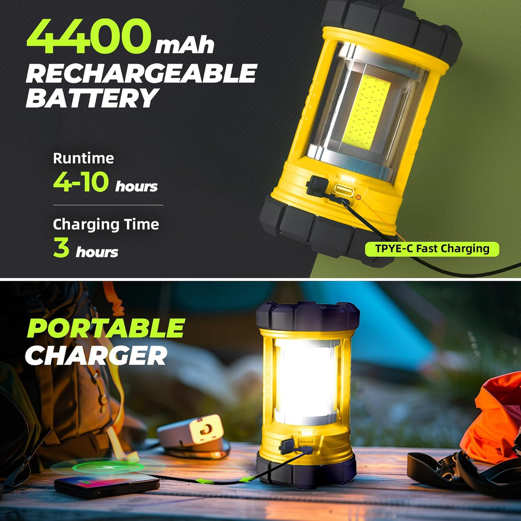 Favourlite Rechargeable Camping Lantern, 3000LM 360° LED Light for Power Outages, 4400mAh with USB-C Emergency Phone Charging, 5 Modes, Water-Resistant Tent Light with Hanging Hooks