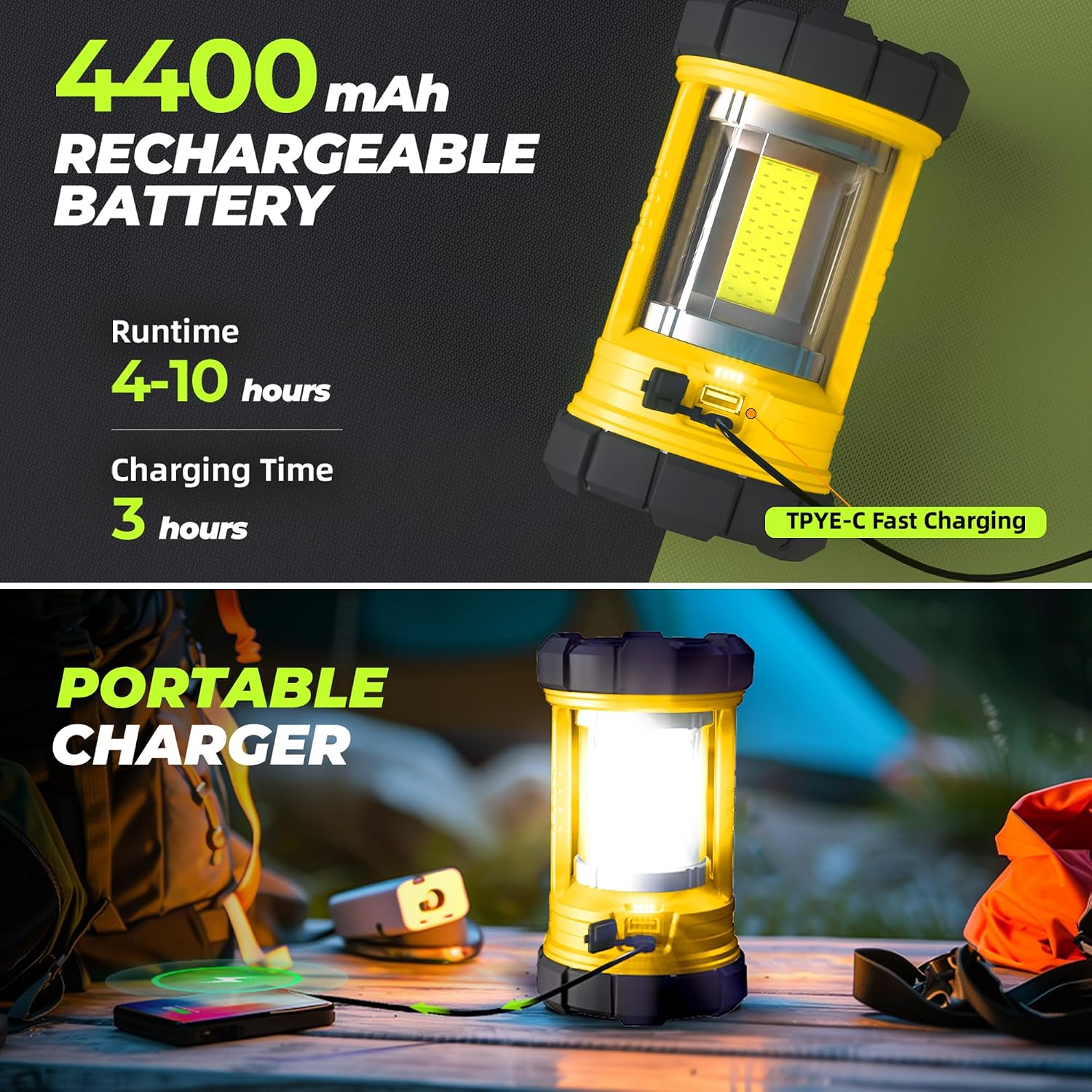 Favourlite Rechargeable Camping Lantern, 3000LM 360° LED Light for Power Outages, 4400mAh with USB-C Emergency Phone Charging, 5 Modes, Water-Resistant Tent Light with Hanging Hooks