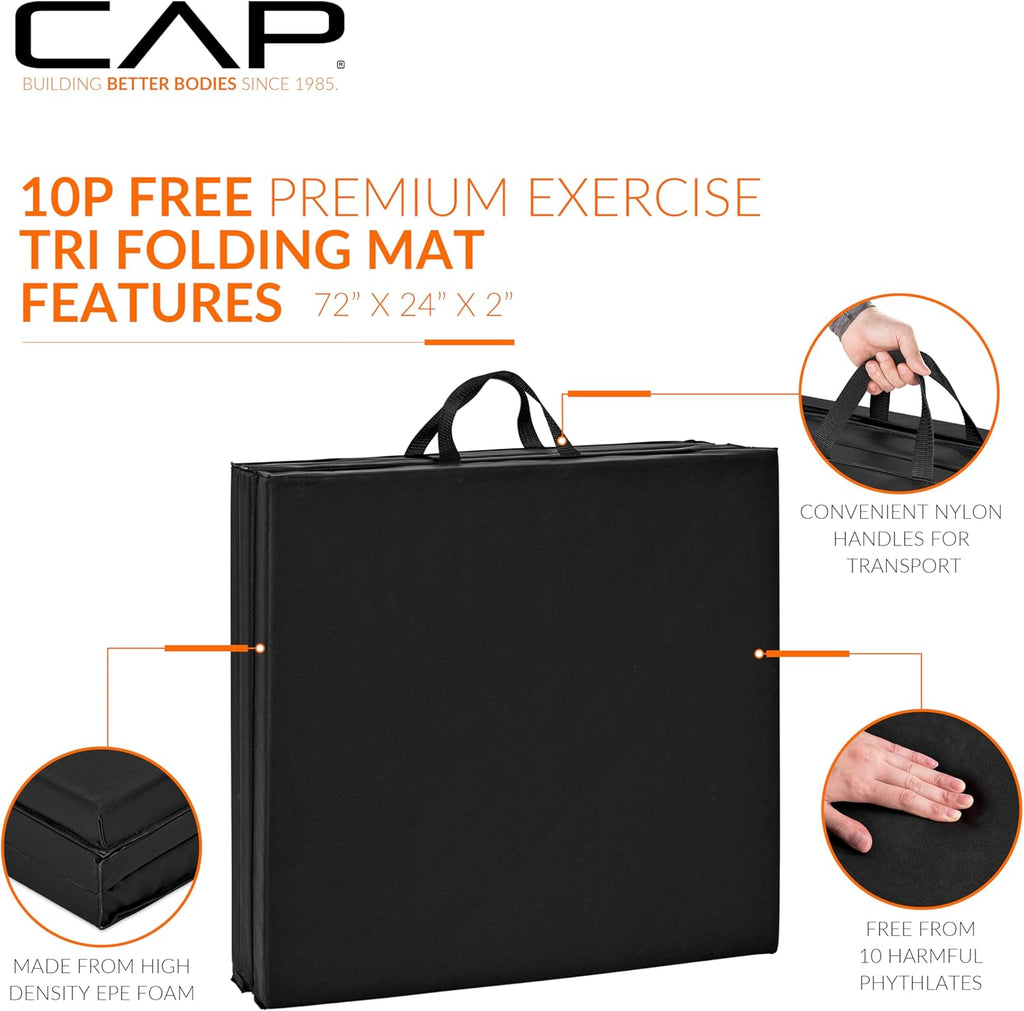 CAP Barbell Folding Exercise Mat – Durable, Anti-Tear, Thick Padding for Fitness, Aerobics, Gymnastics & Home Workouts. 72"L x 24"W x 2"Thick. BLACK