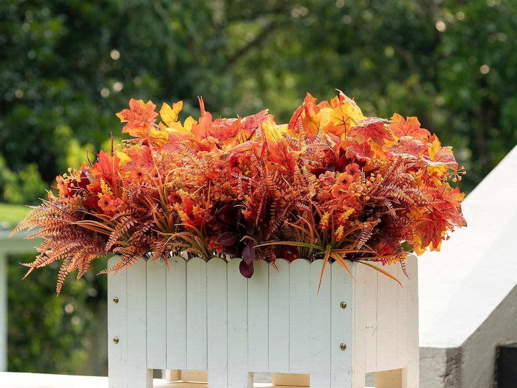 24PCS Artificial Fall Flowers Outdoors, Faux Maples & Mums for Outside