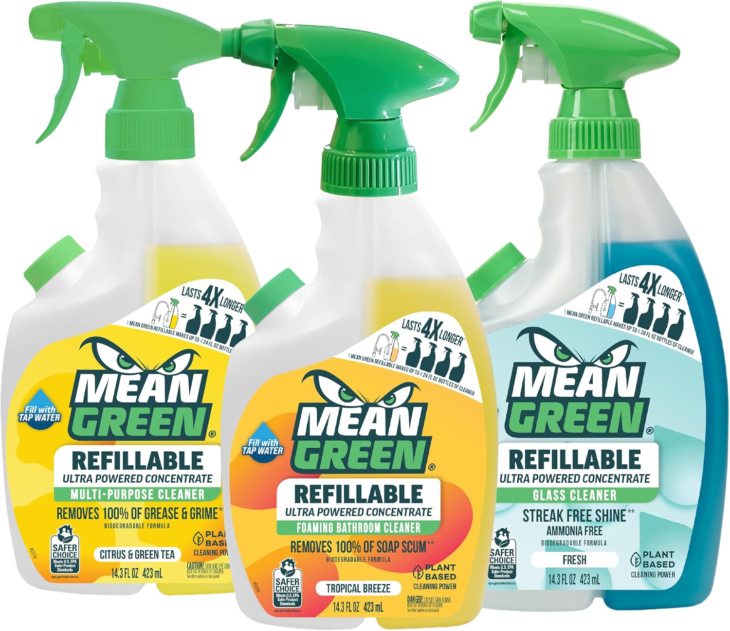 Mean Green Ultra Powered Refillable Cleaner Concentrate Variety 3 Pack – Multi-Purpose Citrus & Green Tea, Bathroom Tropical Breeze, Glass Fresh – 14.3 fl oz Each
