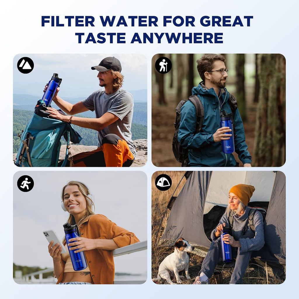 Membrane Solutions C3 Filtered Water Bottle, 36oz BPA-Free Bottle with Replaceable ACF+UF Filter Cartridge, Portable Water Filter, Travel, Hiking & Camping for Drinking Water Anywhere(Blue)