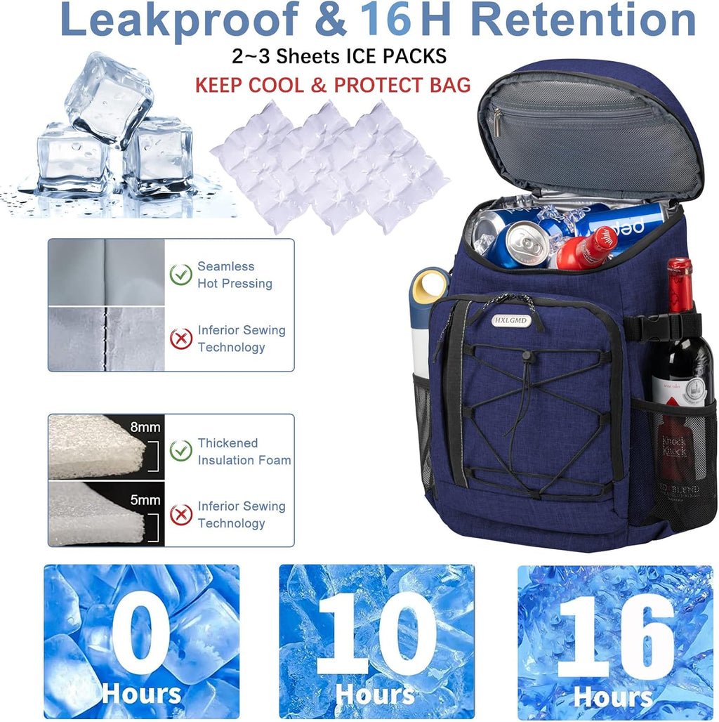 HXLGMD Backpack Coolers Insulated Leak Proof 30 Cans, Soft Sided Insulated Cooler Bags Ice Chest Backpack for Beach Travel Camping, with Reusable Ice Packs