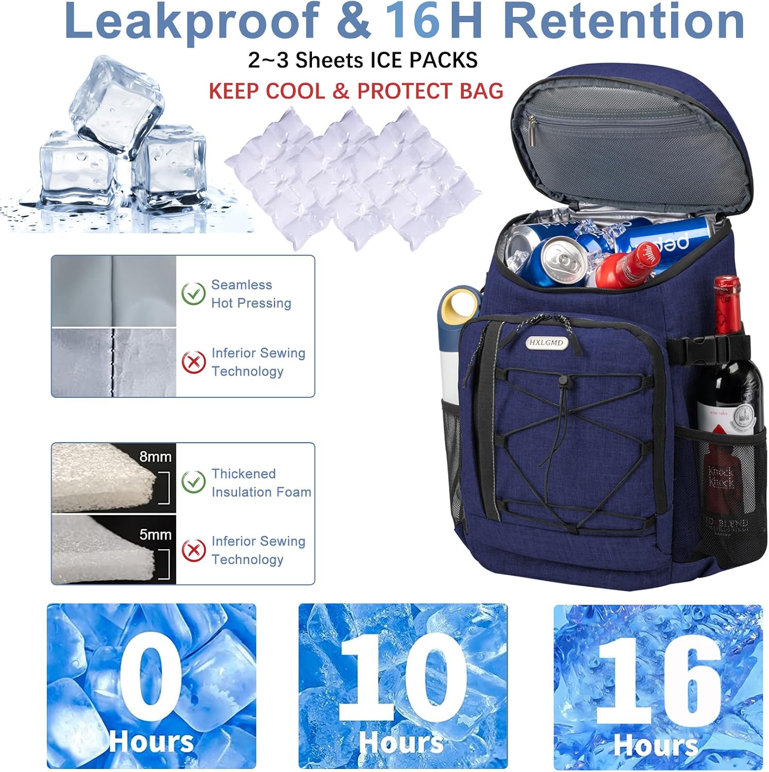 HXLGMD Backpack Coolers Insulated Leak Proof 30 Cans, Soft Sided Insulated Cooler Bags Ice Chest Backpack for Beach Travel Camping, with Reusable Ice Packs