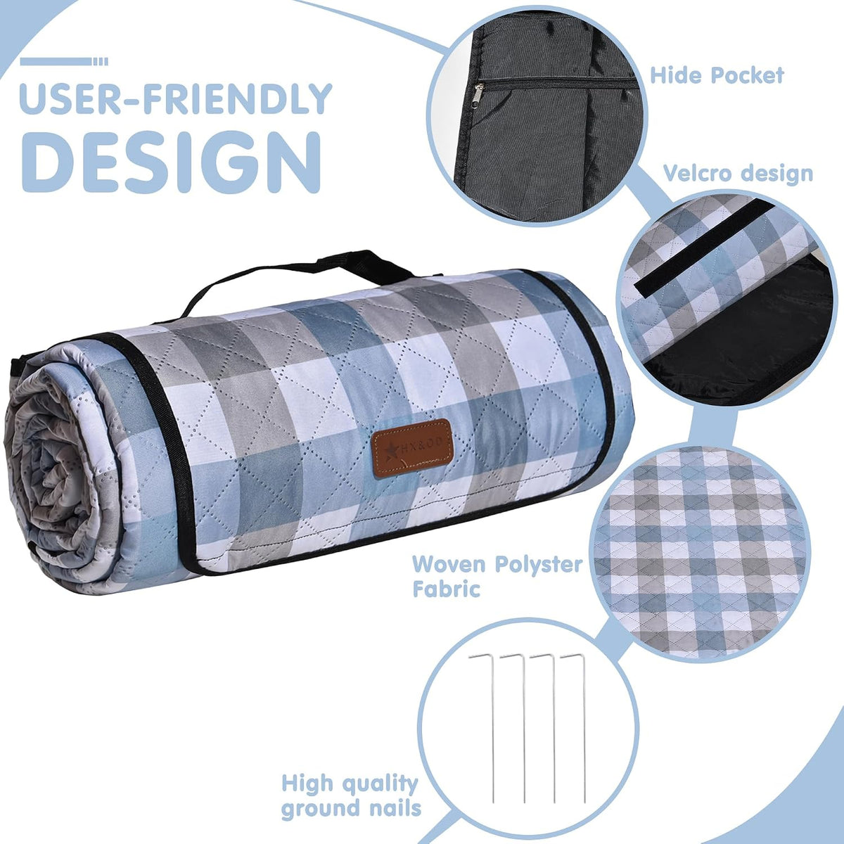 HX&OD Outdoor Picnic Blanket, Extra Large, 80''x60'' Waterproof Foldable Blankets Gingham Picnic Mat for Beach, Camping Grass Lawn Park Accessories Cute Couple Ideas Wedding (Coffee Color, 80”x60”)