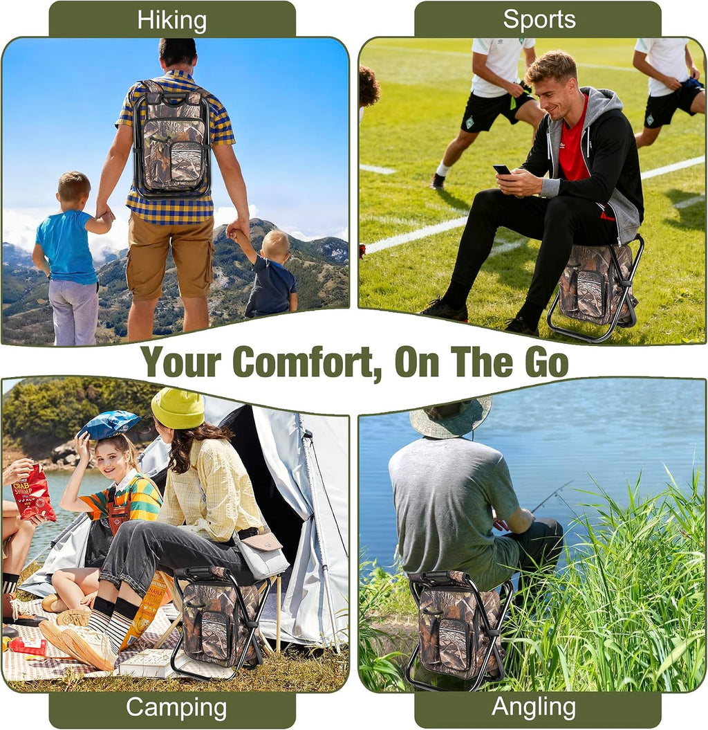 Kikerike Backpack Stool Cooler Chair Heavy Duty 300 LBS Max Load Portable Lightweight Stool Backpack Folding Fishing Cooler Seat for Camping Hunting Fishing - Woodland