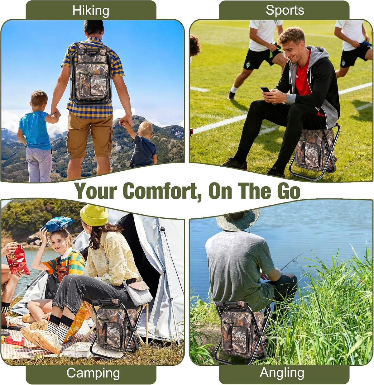 Kikerike Backpack Stool Cooler Chair Heavy Duty 300 LBS Max Load Portable Lightweight Stool Backpack Folding Fishing Cooler Seat for Camping Hunting Fishing - Woodland