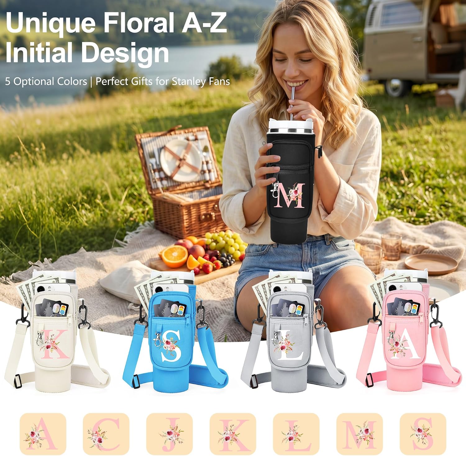 Initial Water Bottle Holder with Strap for Stanley Cup Accessories 40 oz/Simple Modern Tumbler, Birthdays for Women Girls, Water Bottle Carrier Bag with Phone Pocket,Hiking Walking Gym Camping