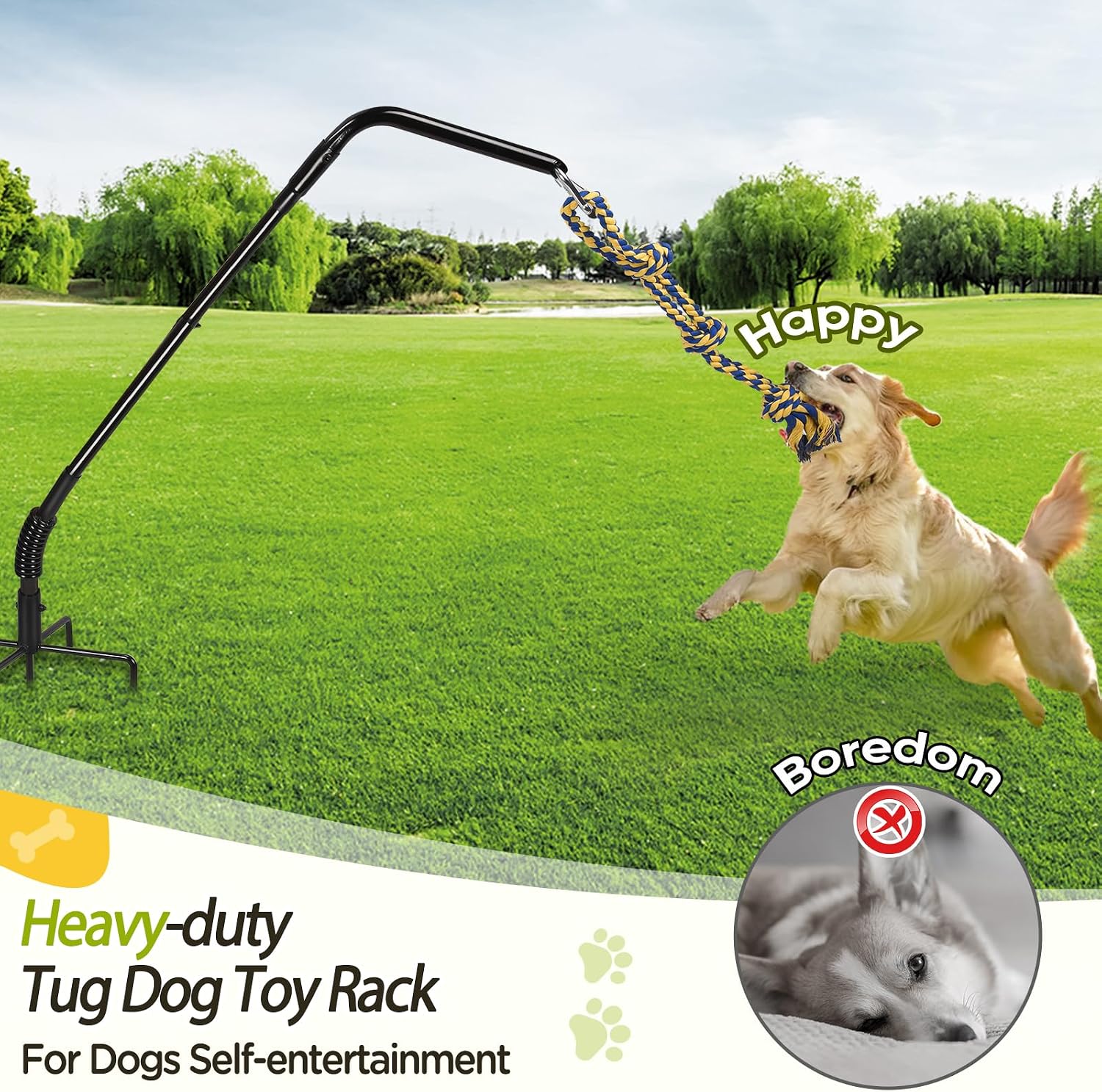 AugFir Tether Outdoor Dog Rope Toy with Strengthen Spring Pole, 3 Kinds Dog Tug of War Toys for Self Play and Interactive in Park, Yard, Lawn Rope, Suitable for Large Medium Small Dogs (Black)