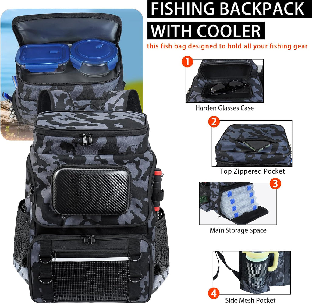 Fishing Backpack with Rod Holder and Tackle Boxes, Cooler, Large 50L Fishing Gear Bag with 139 Fishing Lures Kit, Fish Tool Set, Fish Gifts for Men Woman-Camo Backpack