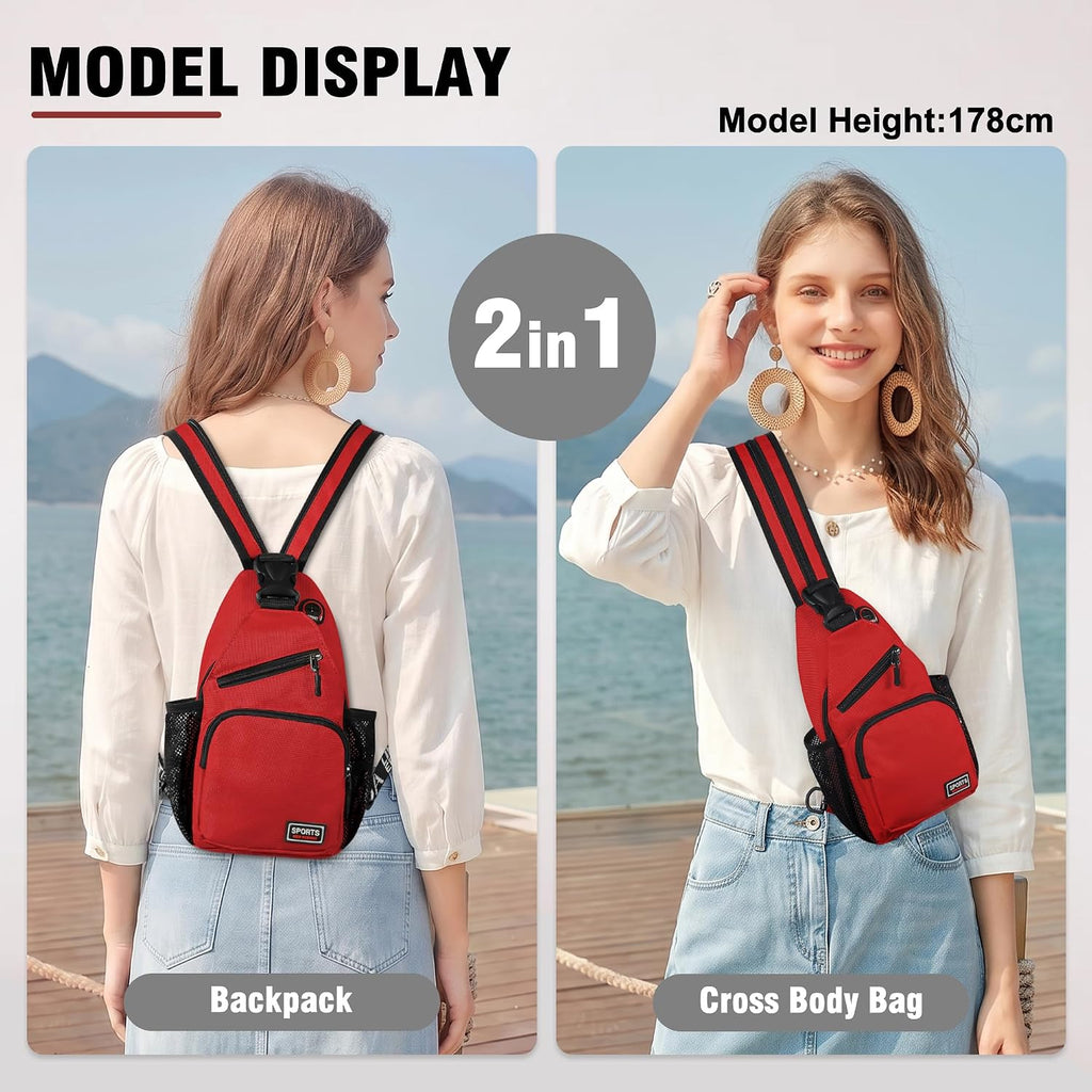 Crossbody Backpack Convertible Sling Bag for Women Men with Adjustable Strap Small Casual Daypack for Hiking Traveling (Small, 11-Inch, Red)