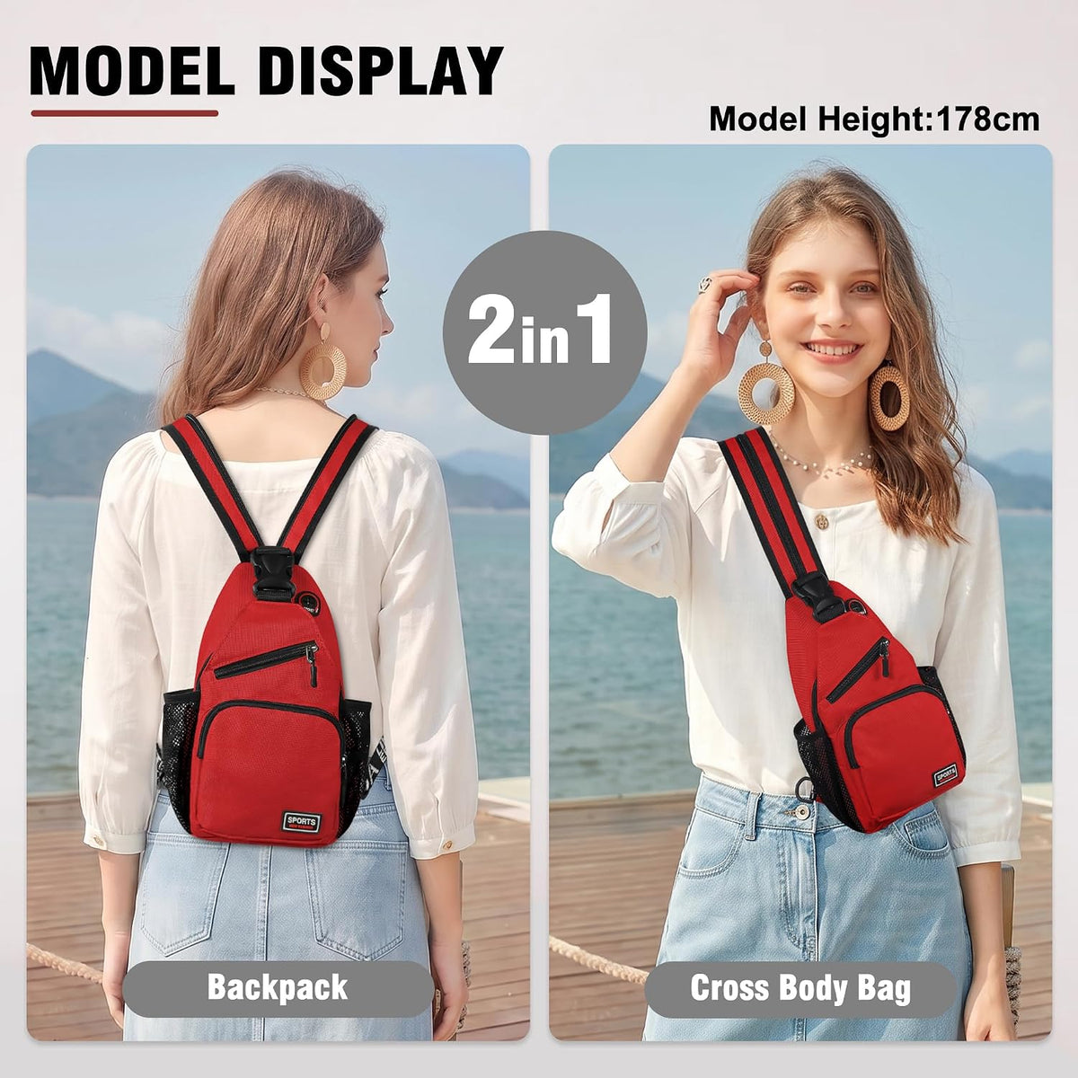 Crossbody Backpack Convertible Sling Bag for Women Men with Adjustable Strap Small Casual Daypack for Hiking Traveling (Small, 11-Inch, Red)