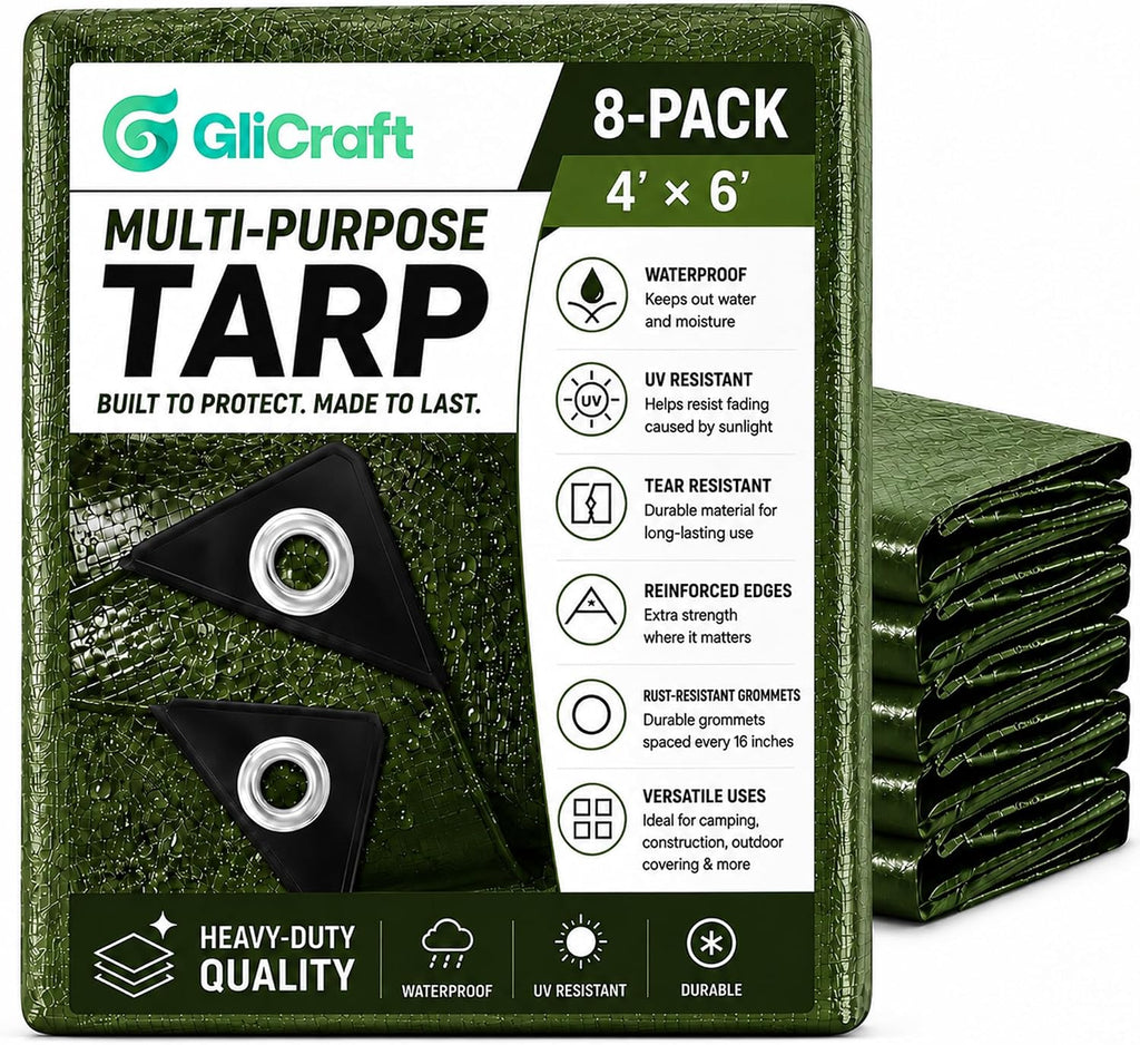 8 Pack 4 x 6 ft Army Green Tarps, 5.5 Mil Heavy Duty Waterproof Tarp