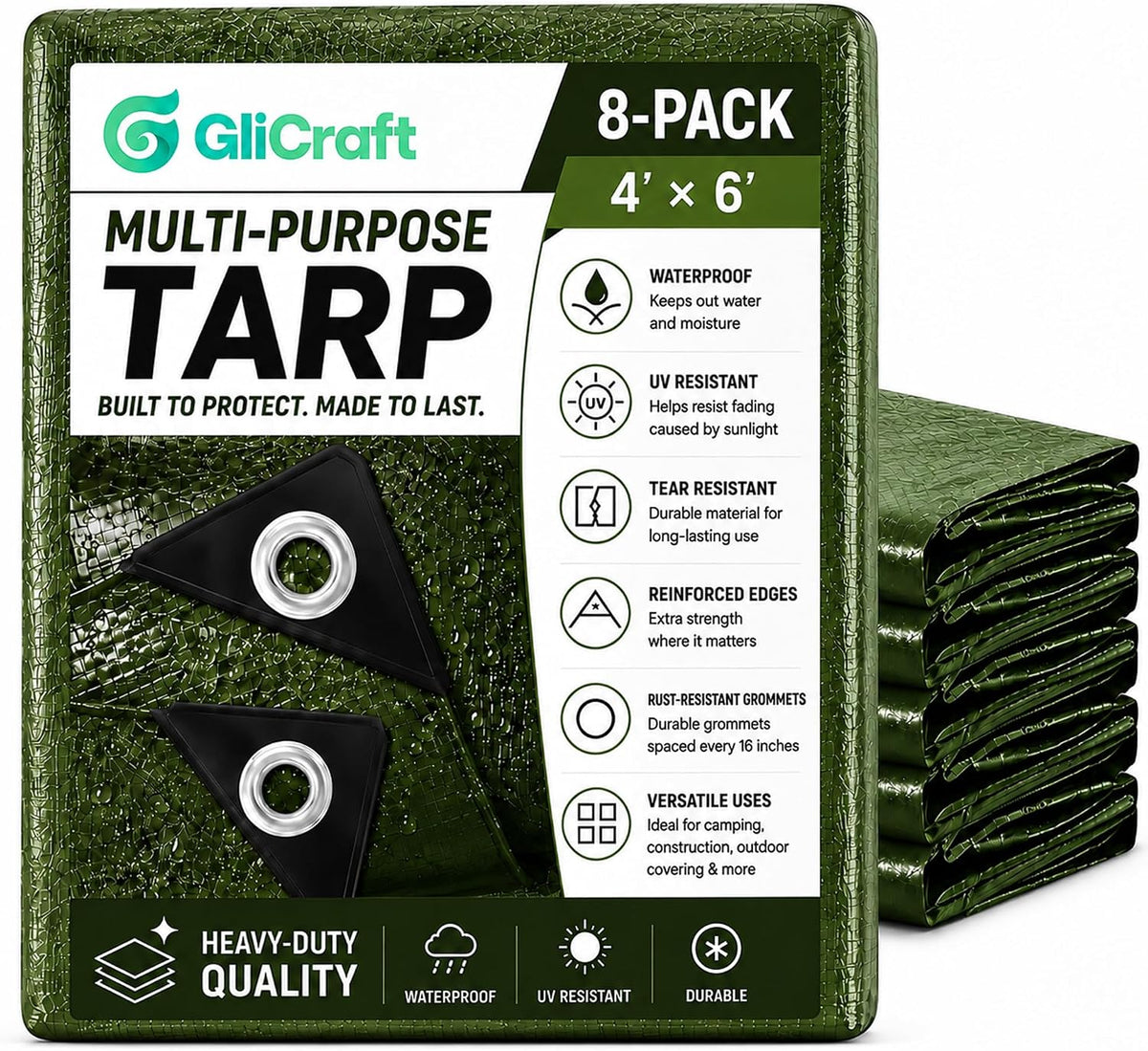 8 Pack 4 x 6 ft Army Green Tarps, 5.5 Mil Heavy Duty Waterproof Tarp