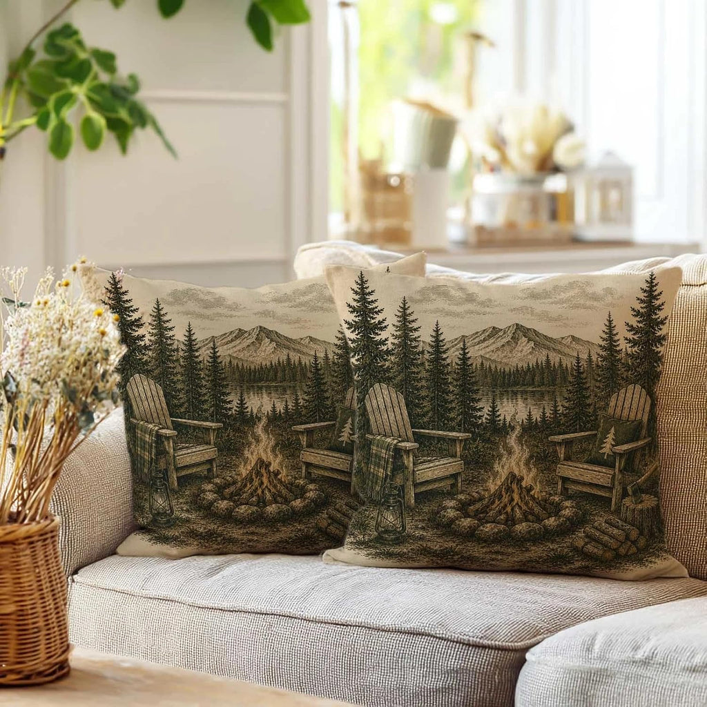 Rustic Cabin Campfire Throw Pillow Covers 18x18 Set of 2 | Mountain Lake House Decorative Cushion Covers | Pine Forest Woodland Lodge Pillow Cases for Couch Sofa Bed Living Room