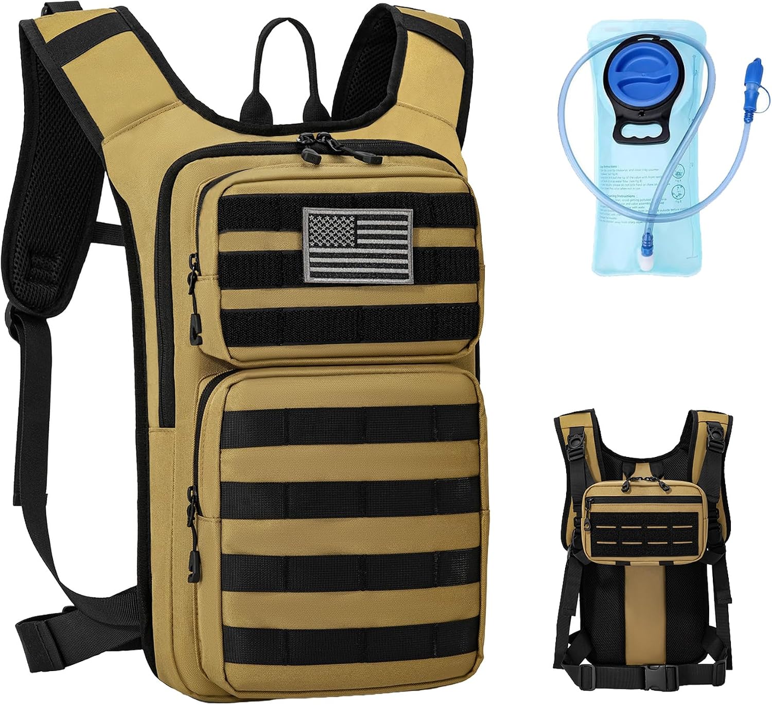 Koculemi Tactical Hydration Backpack with 2L Water Bladder and Front Small Tactical Pouch, Outdoor Water Backpack for Men Women, Sports Hydration Pack for Hiking, Cycling,Climbing