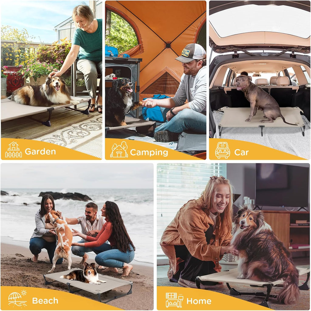 CANINE CANYON Upgraded Non-Slip Daisy Cot, Medium Foldable Elevated Dog Bed, Portable Raised Outdoor Folding Dog Cot for Camping/Home, Chew Proof Waterproof Heavy Duty Up to 160 Lbs, Brown, 32"x 23"