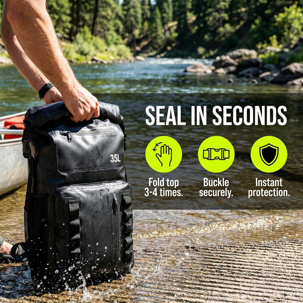 Greencity 100% Waterproof Roll-Top Dry Bag Backpack with Front Splash-Proof Pocket, Lightweight Floating Pack for Kayaking, Hiking & Travel,35L (Black)