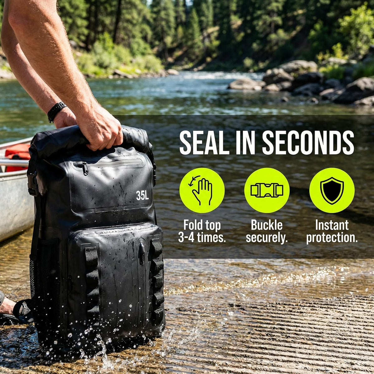 Greencity 100% Waterproof Roll-Top Dry Bag Backpack with Front Splash-Proof Pocket, Lightweight Floating Pack for Kayaking, Hiking & Travel,35L (Black)