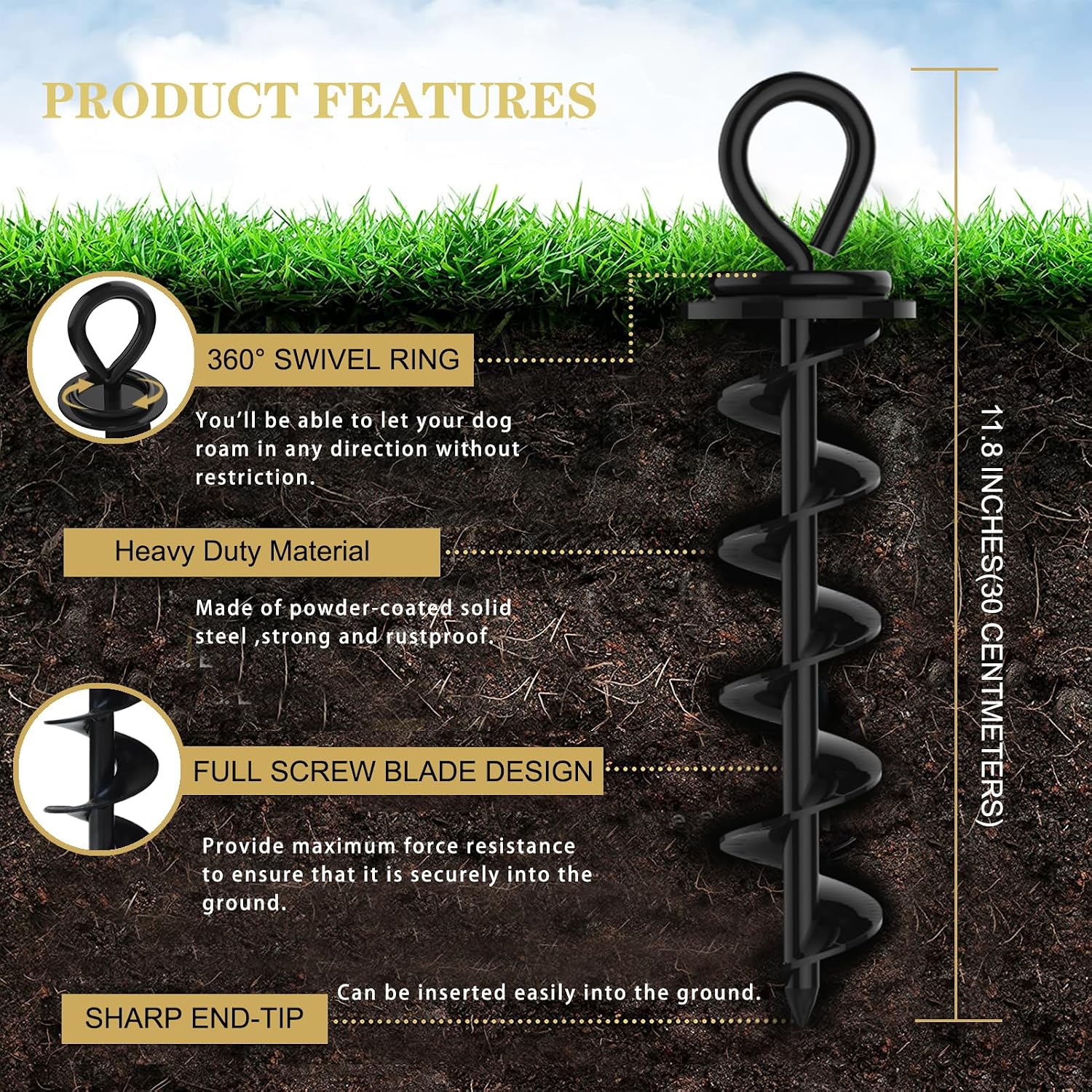 Eurmax USA Heavy Duty Dog Tie Out Stake, No-Tangle In Ground Anchor Runner for Large Dogs up to 210 Lbs - Perfect for Yard, Beach and Camping (Medium,Black)