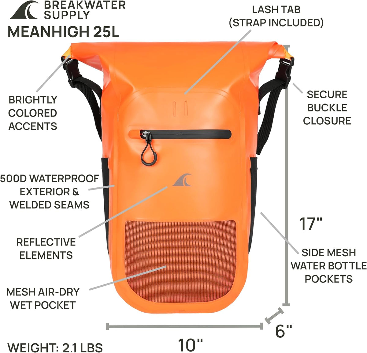 Breakwater Supply™ Meanhigh Dry Bag Waterproof Rolltop Backpack, 25L, Medium/Large, for Water Sports, Boating, Bike, Fishing, Hi-Visibility Safety Orange (Orange)