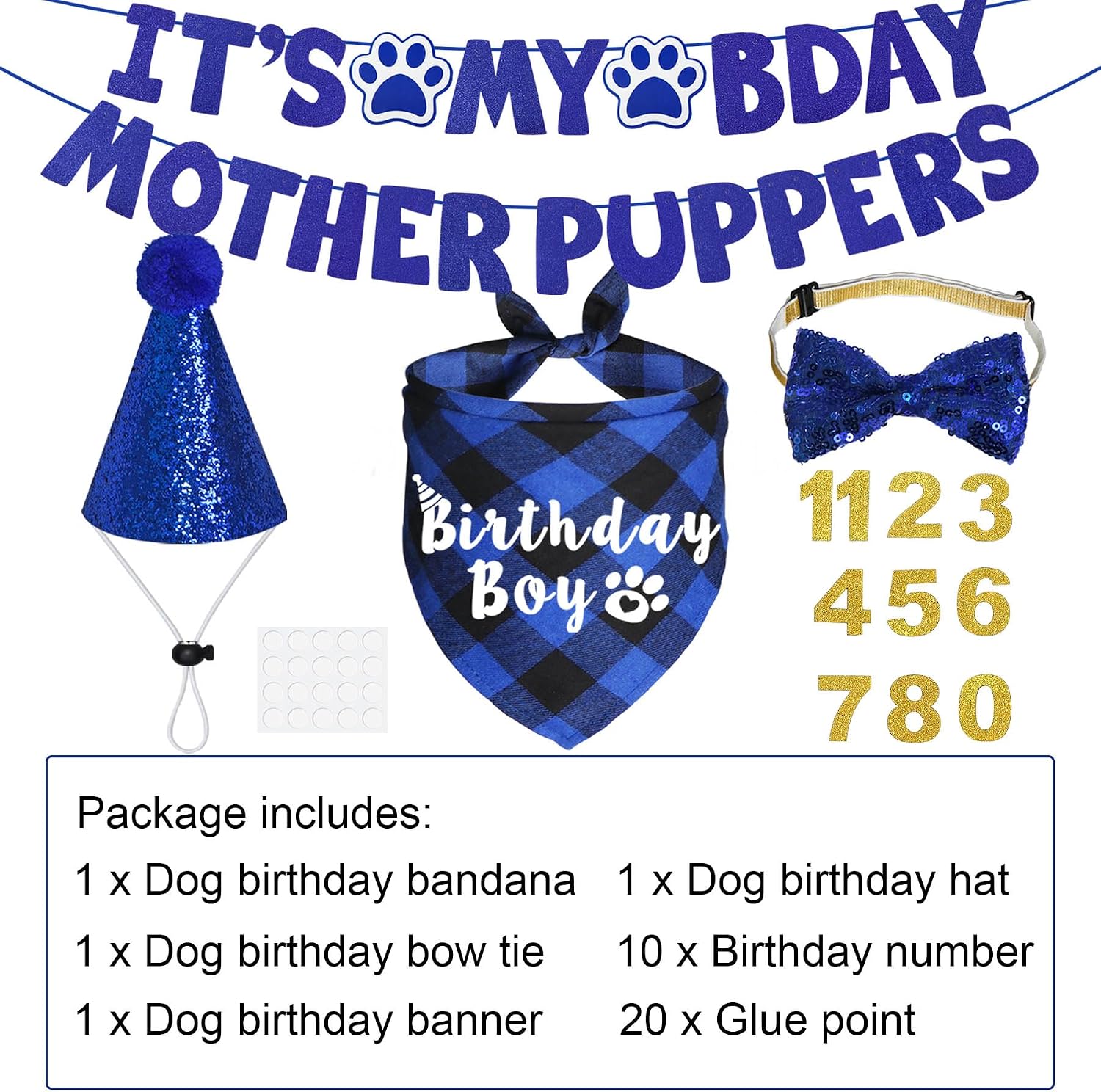 Dog Birthday Party Supplies, Multi Sizes Dog Birthday Hat with Numbers Bandana Bow Tie It’s My Bday Mother Puppers Sign Banner for Large X-Large Dogs Pets (X-Large, Blue)